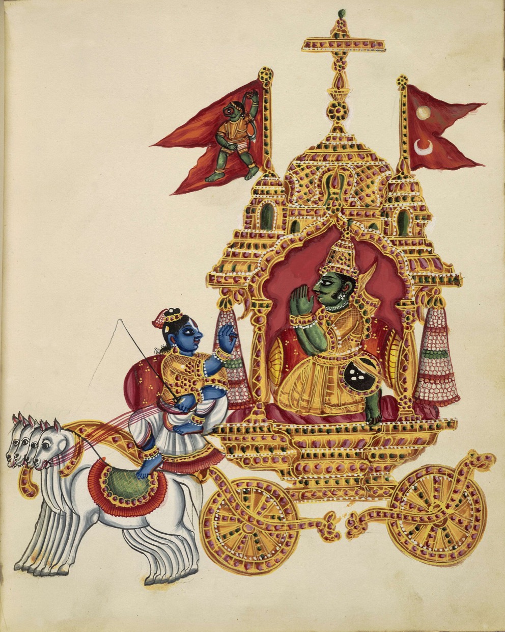An Indian painting, circa 1830: Arjuna kneels with folded hands before his charioteer Krishna, who holds the reins of a four-horse chariot with his right hand raised in the teaching gesture.